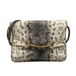 Auth GUCCI Horsebit Cream Gray Leather Shoulder Bag